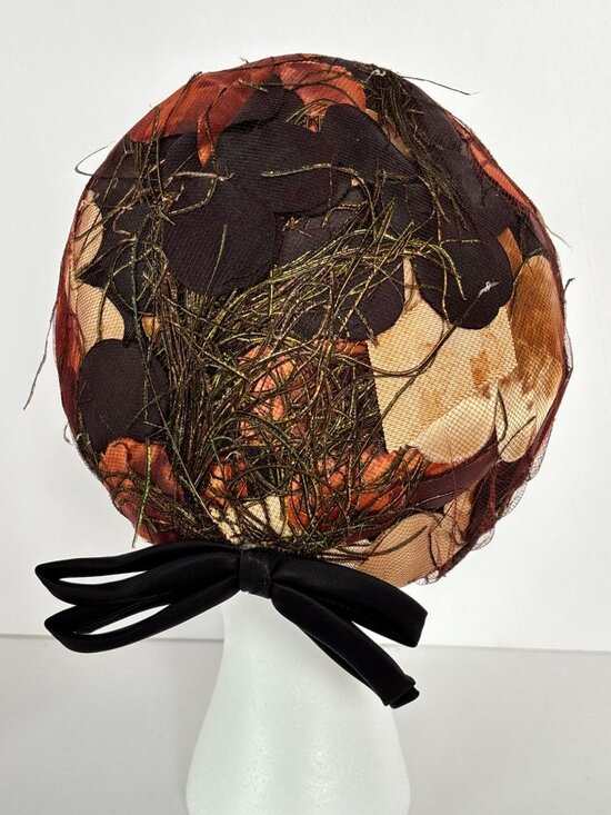 Vintage Hat 1950s Nest Style Netting Leaves Feathers Bow Fascinator Fall Colors main image 9